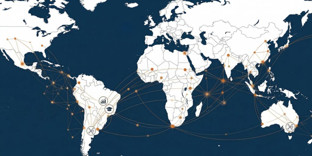 Mapa del mundo con conexiones entre países del Sur Global